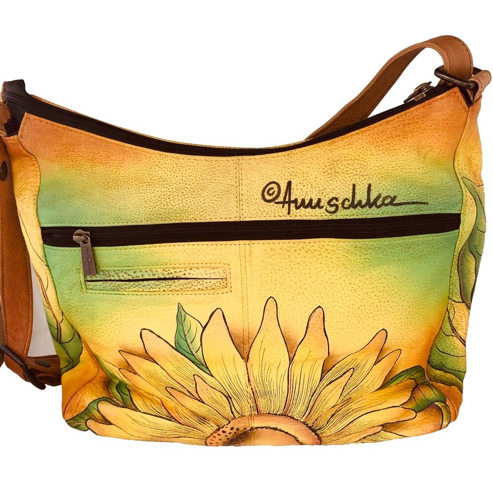 Anuschka Hand Painted Leather Hobo Large Sunflower Crossbody Purse